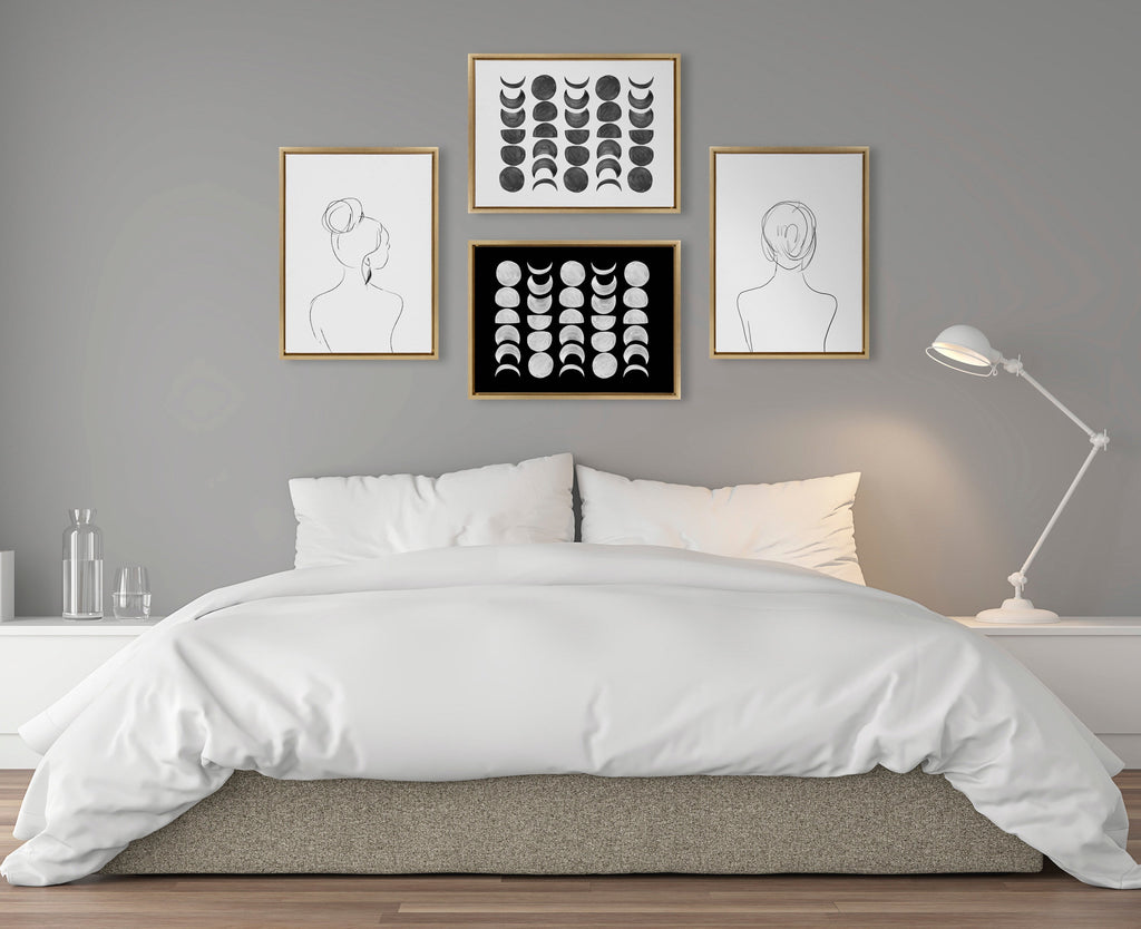 Moon Phases — Black on White Framed Canvas