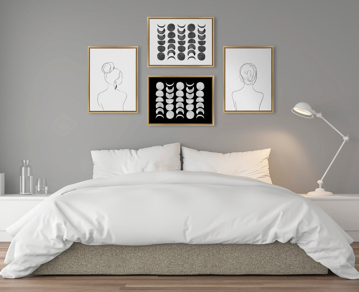 Moon Phases — Black on White Framed Canvas