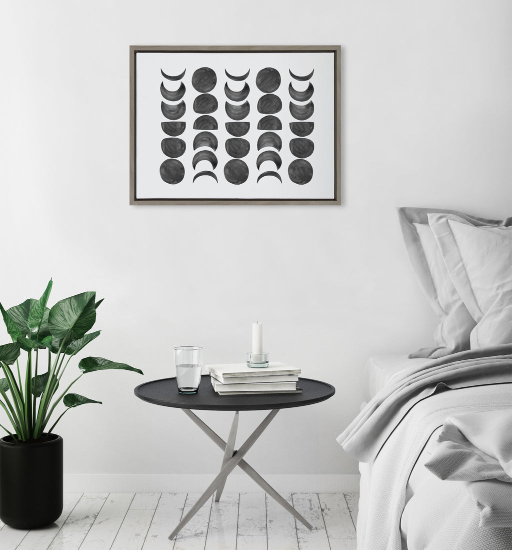 Moon Phases — Black on White Framed Canvas