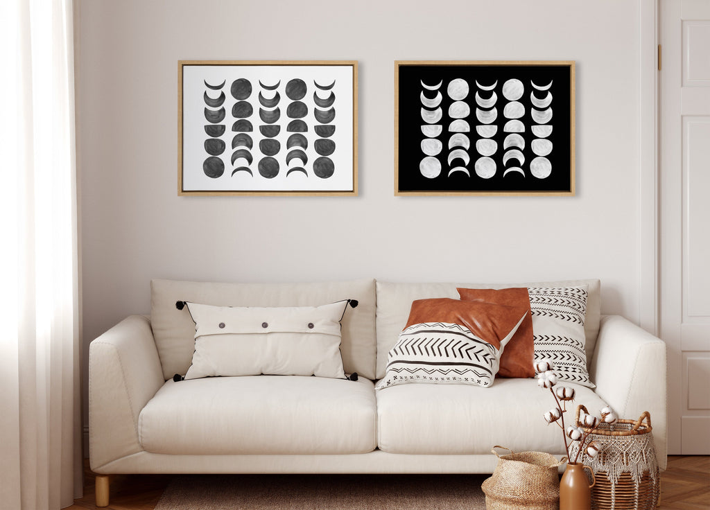Moon Phases — White on Black Framed Canvas