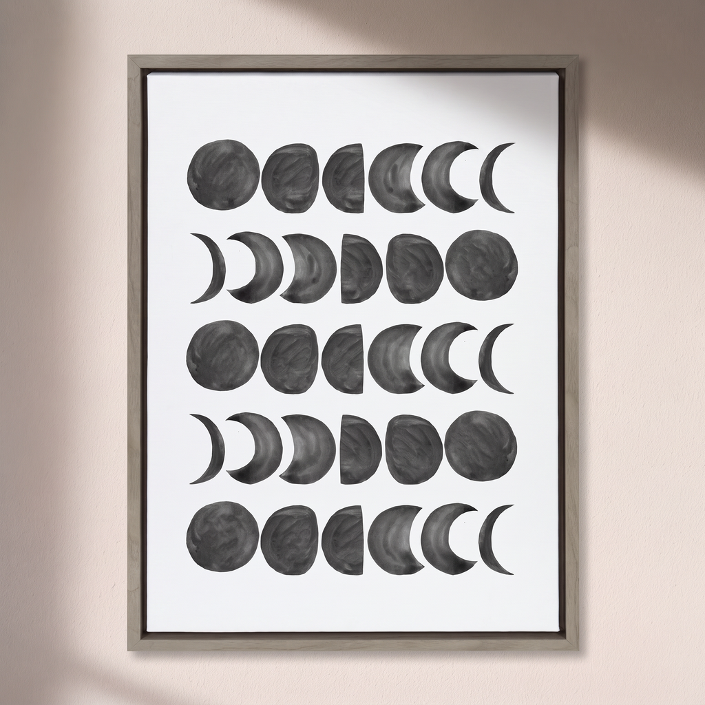 Moon Phases — Black on White Framed Canvas