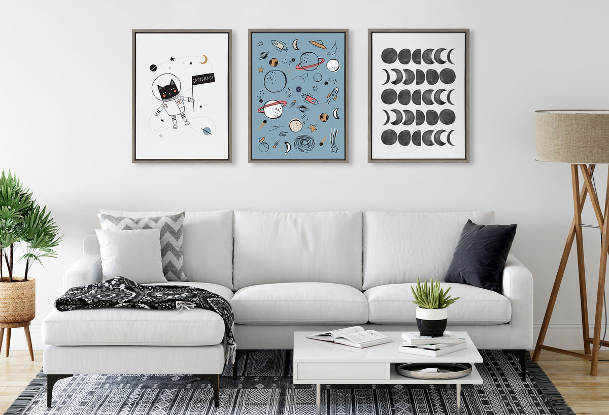 Moon Phases — Black on White Framed Canvas
