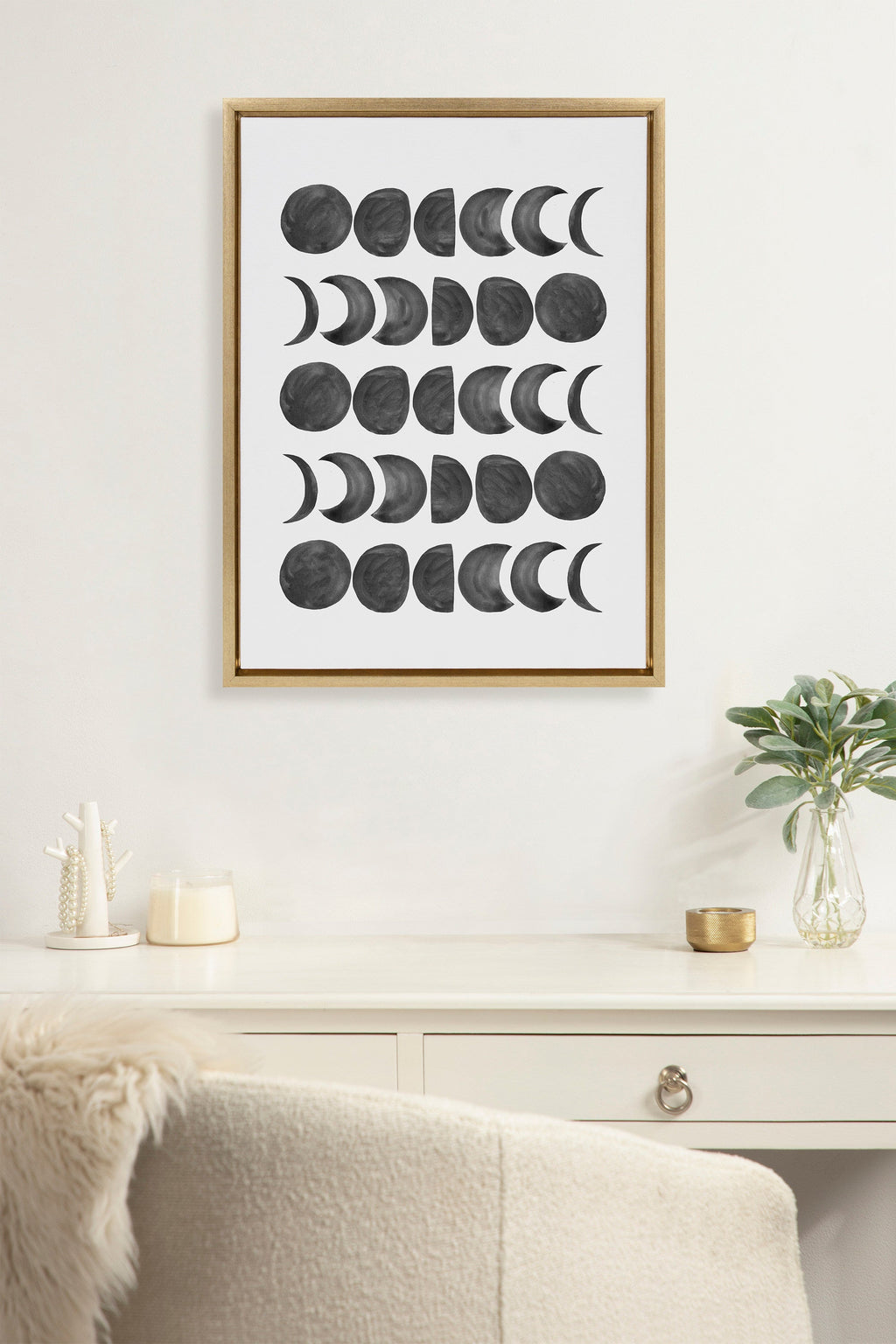 Moon Phases — Black on White Framed Canvas
