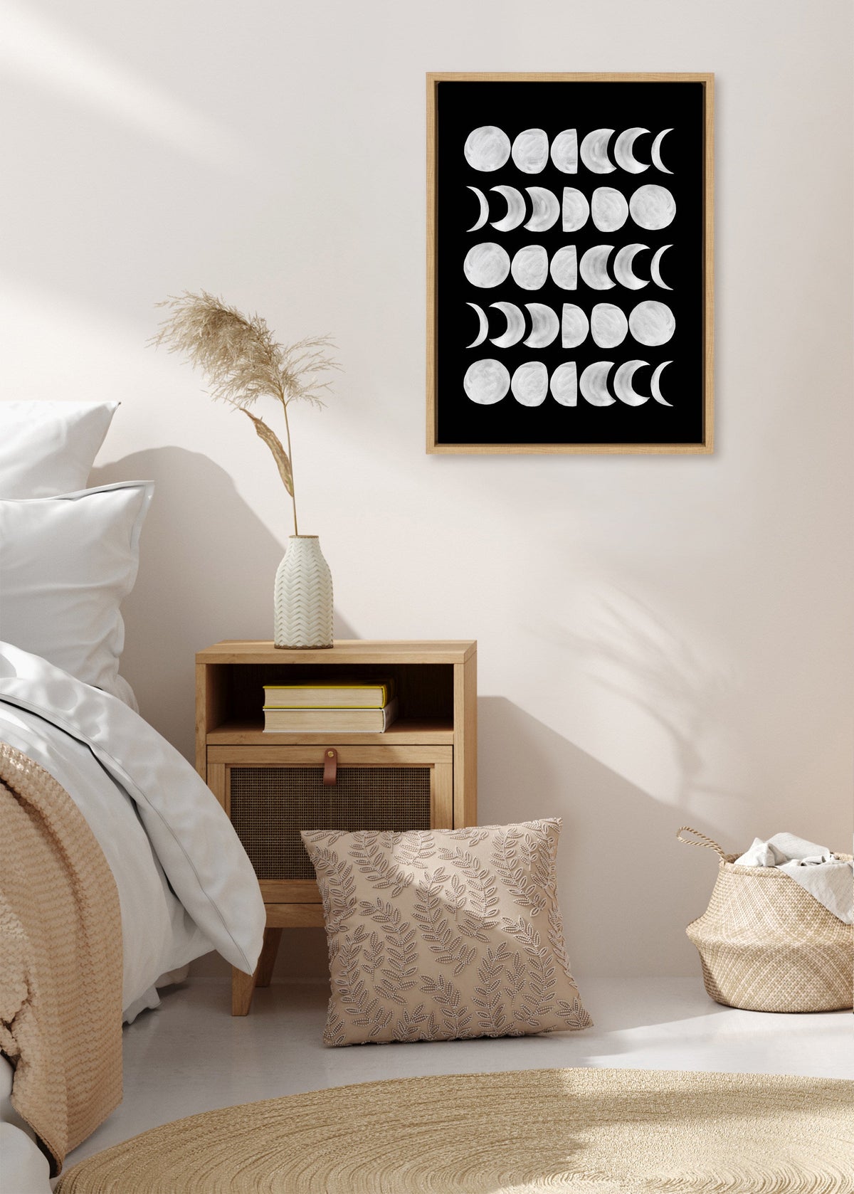 Moon Phases — White on Black Framed Canvas