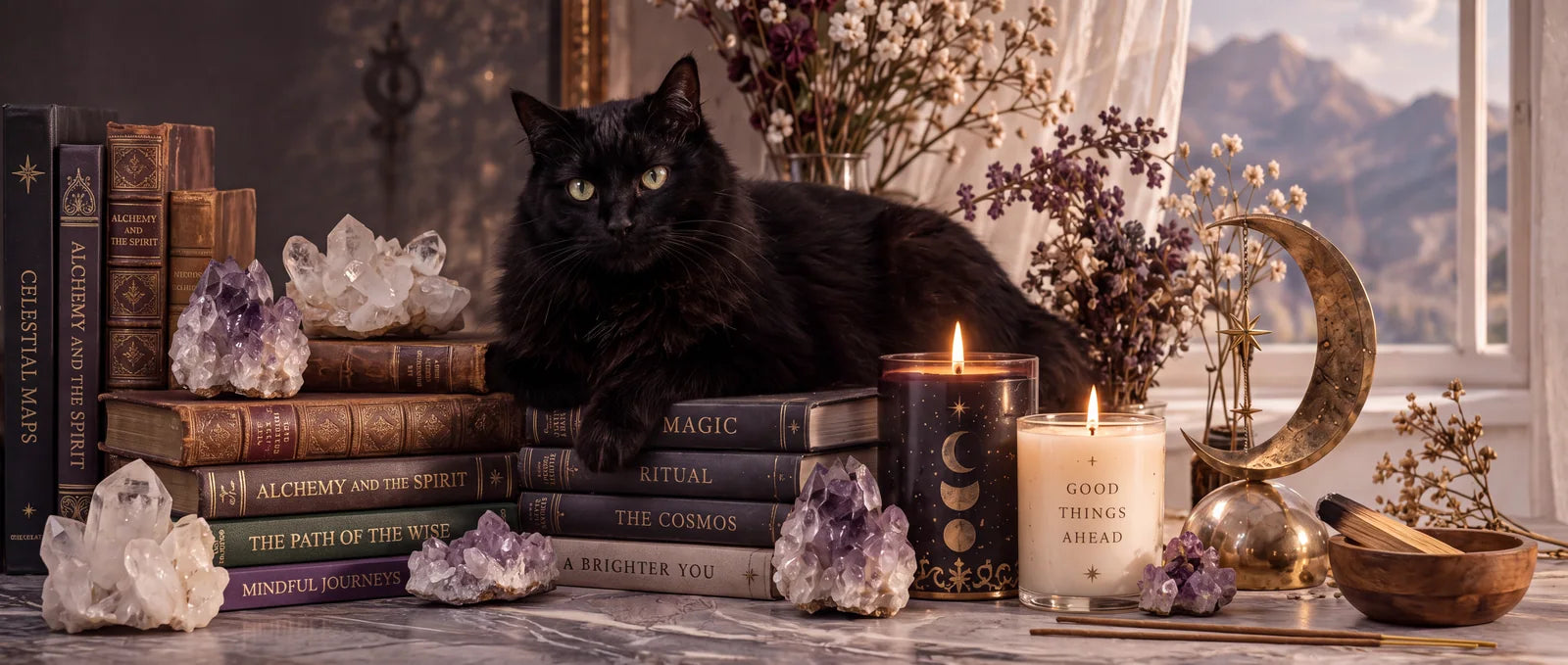 Black cat, crystals and candles in a scene blending warm shadows with daylight.