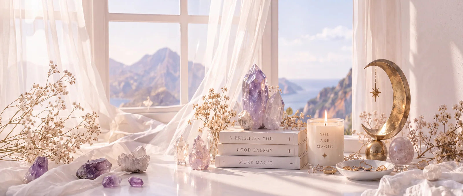 Sunlit crystals, sheer curtains, a candle and a golden crescent moon.