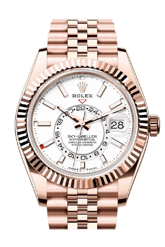 Watches made for exclusive collectors   Rolex Sky Dweller White Dial Fluted Bezel Rose Gold Jubilee Bracelet 336935