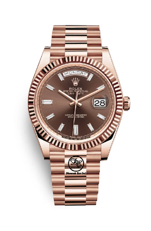 best luxury watches for men   PreOwned Rolex Day-Date 40mm Everrose Gold 228235 Factory Chocolate Baguette Dial Box/Papers