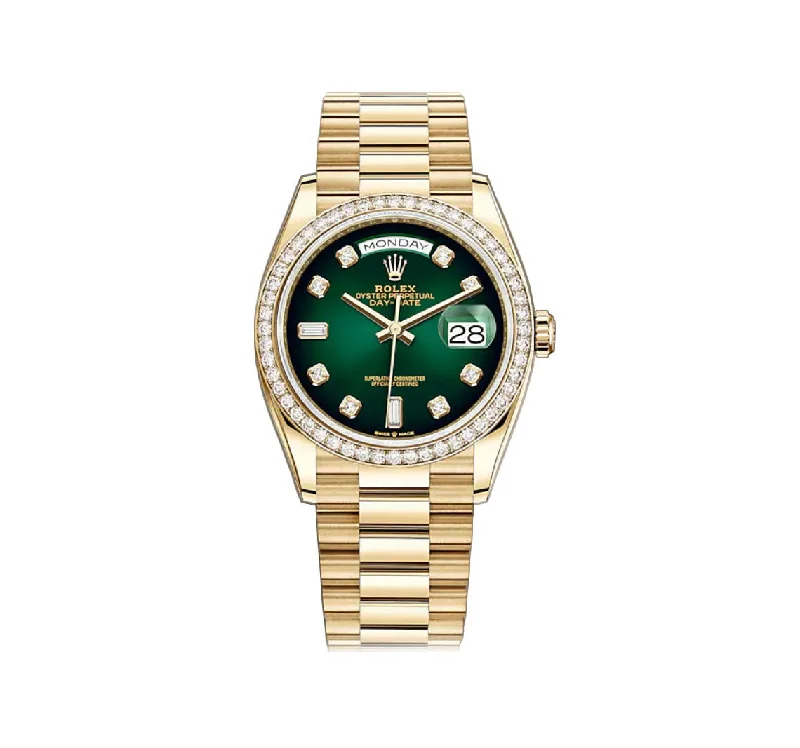 Men's dress watches with slim profile 36mm 18k Yellow Gold President Diamond Bezel Green Ombré Diamond Dial Men's dress watches with slim profile 36mm 18k Yellow Gold President Diamond Bezel Green Ombré Diamond Dial