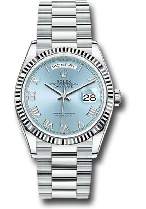 women’s watches with interchangeable bands   Rolex Day-Date 36 Platinum Ice Blue Roman Dial President Bracelet 128236