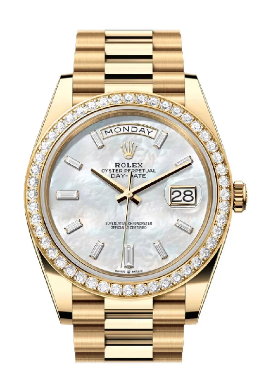 elegant dress watches for formal events   Rolex Day Date 40 White MOP Diamond Dial Diamond Bezel Yellow Gold President Bracelet 228348RBR