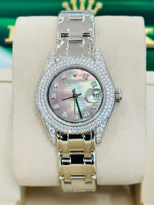 Modern design square dial watches   Rolex Pearlmaster Masterpiece Datejust 80359 Factory Diamonds Tahitian MOP Dial Watch MINT