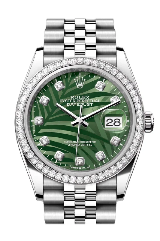 Watches with a sophisticated look   Rolex Datejust 36 Green Palm Motif Diamond Dial Diamond Bezel Jubilee Watch 126284RBR 126284RBR-0047