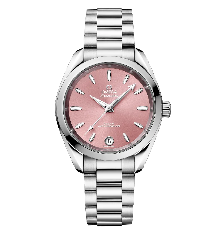 Men's dress watches with slim profile   OMEGA Seamaster Aqua Terra 150m Co-Axial Master Chronometer, 34mm with Shell Pink Dial