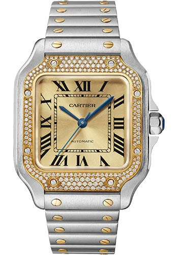 Watches with leather straps and quick release clasps   Cartier Santos de Cartier Watch - 35.1 mm Steel Case - 206 Diamond Bezel - Golden Sunray Dial - Bracelet and Second Alligator Leather Strap - W3SA0007